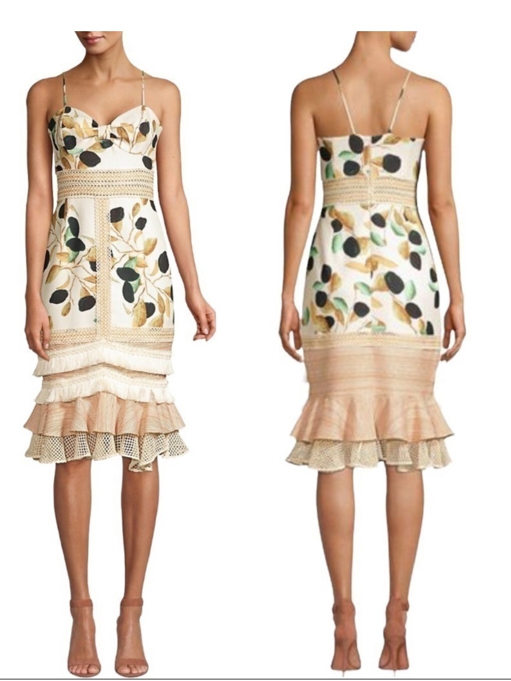PatBO Cream Midi Dress-Skirt with Leaf Print and Peach Ruffle Hem